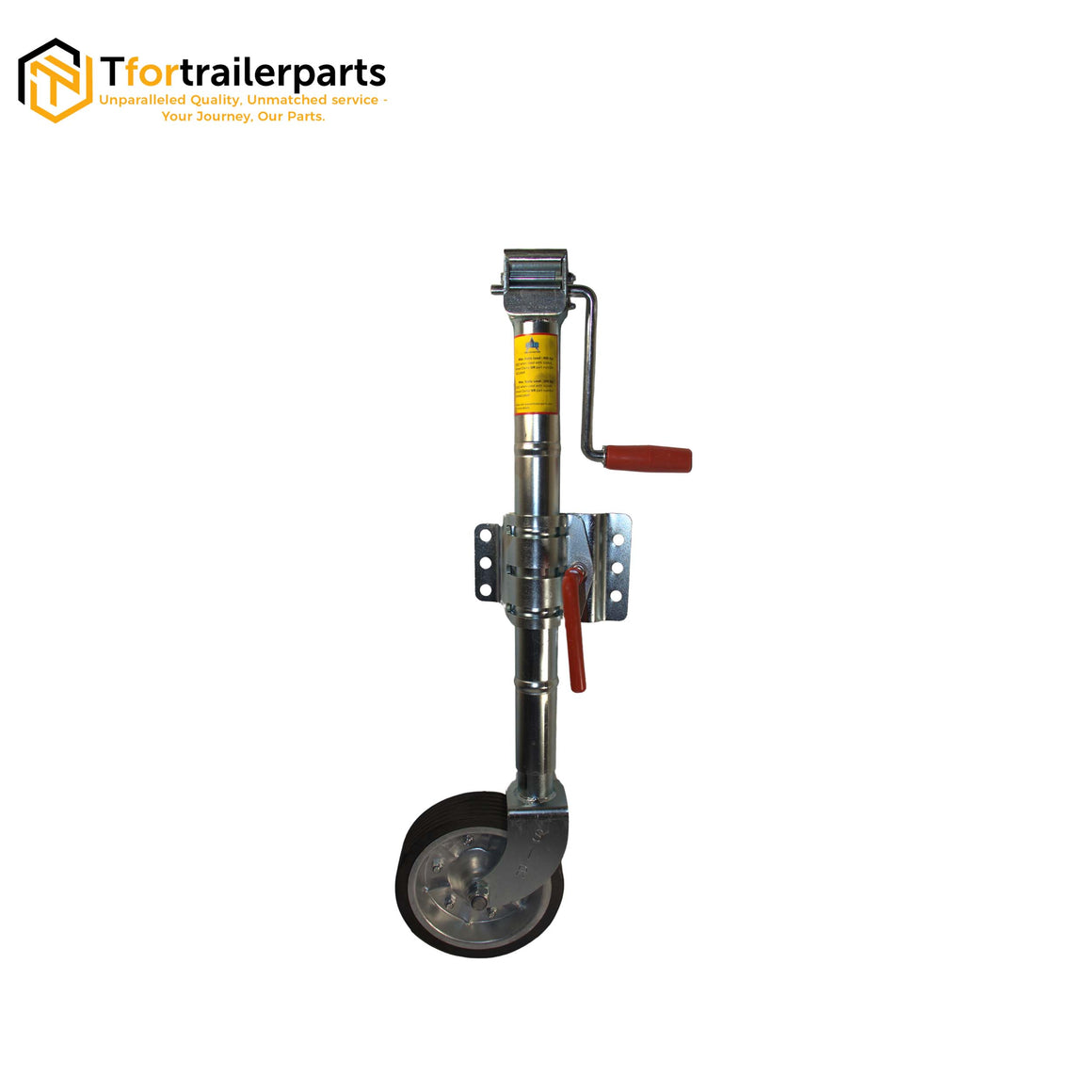 An 8-inch side wind jockey wheel with a zinc finish, a red and black C clamp, and a steel wheel with rubber pressed onto it, primarily for use in trailers, campers and caravans.