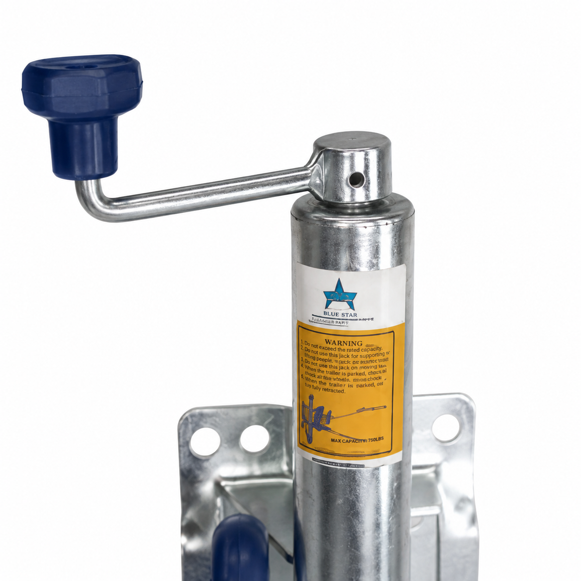 A close up of jockey wheel winding handle with a galvanized steel body, a blue plastic handle, and a yellow label.