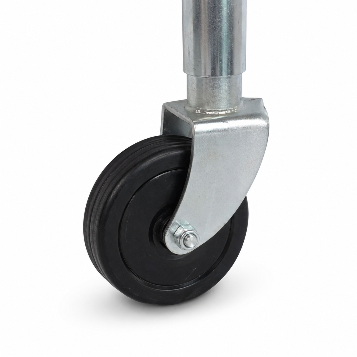 A close-up of the jockey wheel's wheel with a galvanized steel hub and a bolt holding it in place.