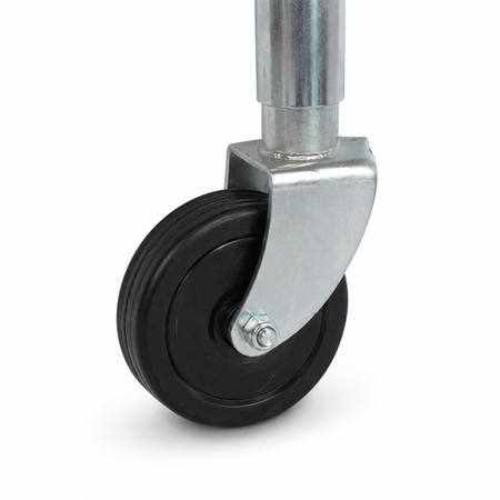 A close-up of the jockey wheel's wheel with a galvanized steel hub and a bolt holding it in place.