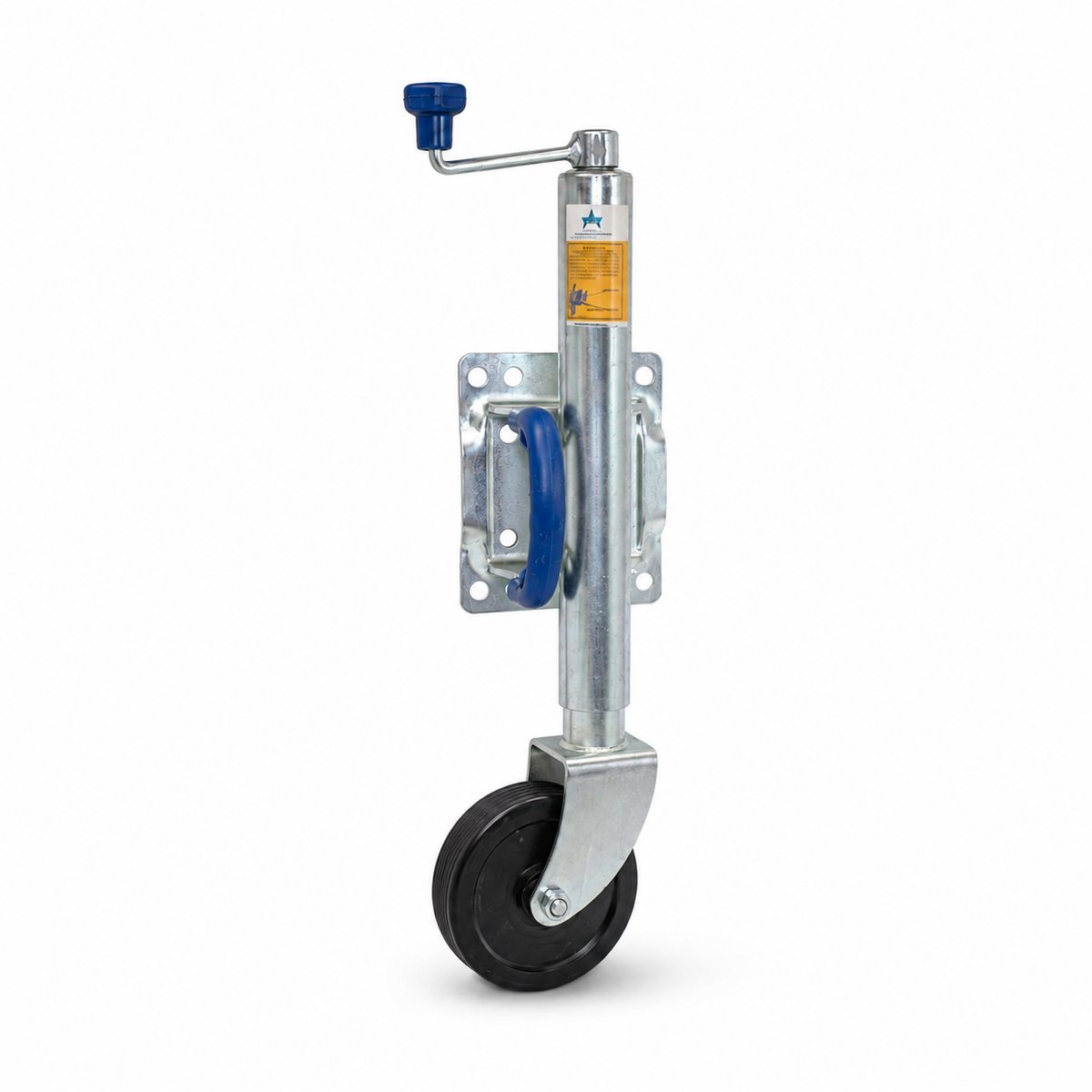 A galvanised jockey wheelhandle, featuring a silver steel body, blue plastic handle and wheel hub, and a black rubber wheel.