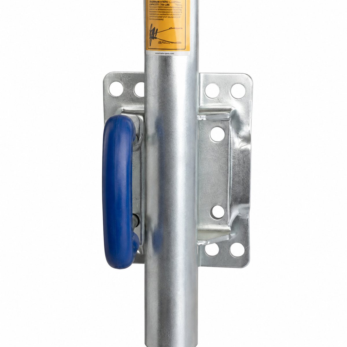 A close-up of a jockey wheel with a blue handle and a galvanized metal mounting bracket, featuring a yellow label near the top.