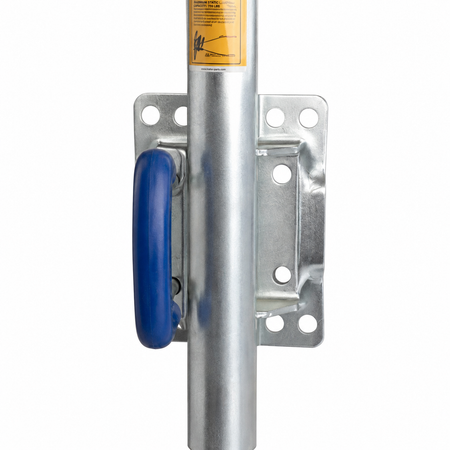 A close-up of a jockey wheel with a blue handle and a galvanized metal mounting bracket, featuring a yellow label near the top.