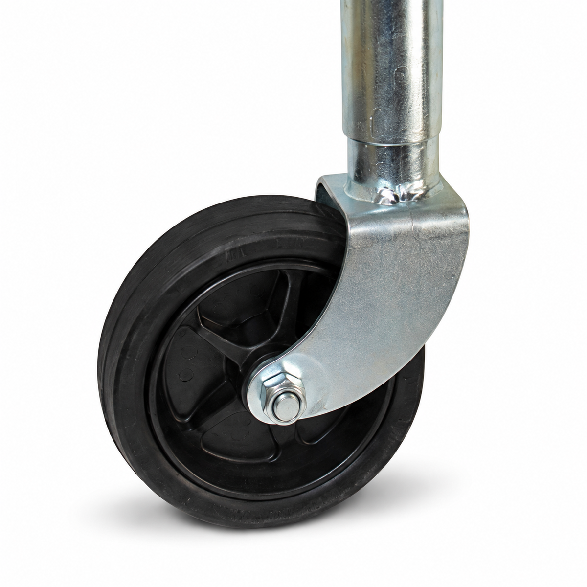 A close-up of a black rubber caster wheel with a galvanized steel swivel bracket and metal stem, shown on a white background.